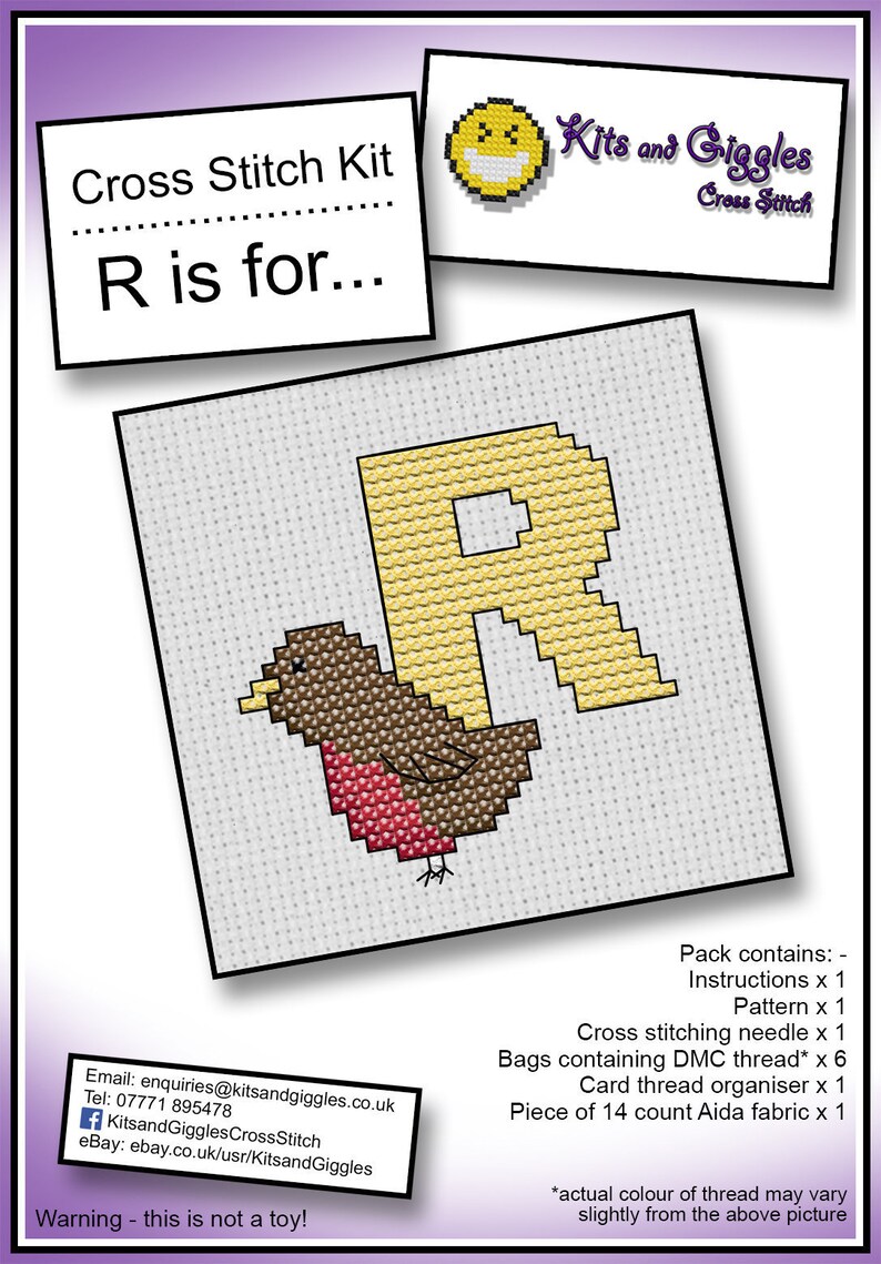 R is For... Robin Mini Alphabet Cross Stitch Kit With DMC Thread, 5x5 ...