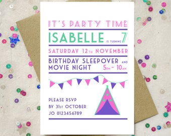 Personalised Children's Party Sleepover Invitation - Digital Download and Printed