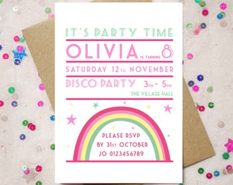 Personalised Children's Rainbow Disco Invitation - Digital Download and Printed