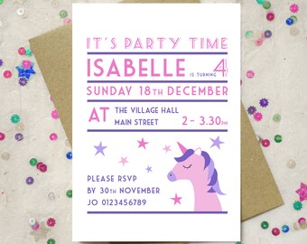 Personalised Children's Unicorn Party Invitation - Digital Download and Printed