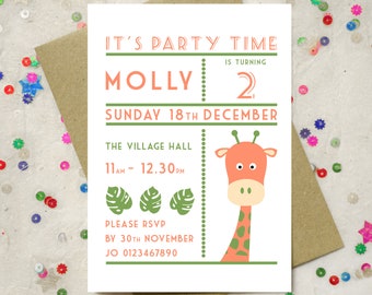 Personalised Children's Party Giraffe Invitation - Digital Download and Printed