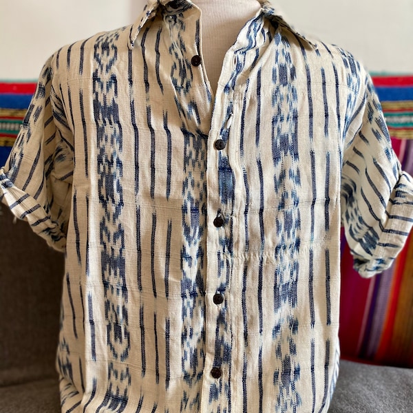 Guatemalan hand woven cotton men short sleeve button down shirt L