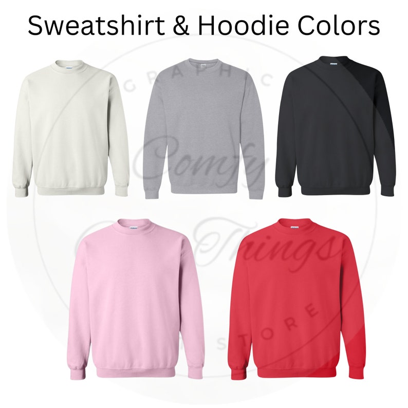 May include: Five different color sweatshirts. The colors are white, grey, black, pink, and red.