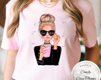 Camiseta gráfica Blonde Girl Boss: design de coque bagunçado