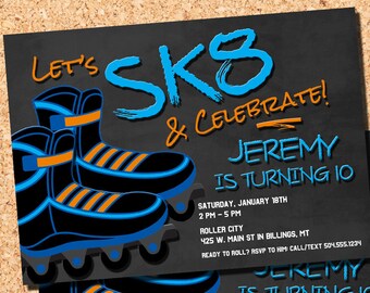 May include: A black and white invitation with blue and orange roller skates. The invitation is for Jeremy's 10th birthday party. It says "Let's SK8 & Celebrate! Jeremy is turning 10." The invitation includes the date, time, location, and contact information.