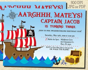 May include: Ahoy Mateys! A pirate-themed birthday invitation for Captain Jacob's third birthday party. The invitation features two cartoon pirate ships sailing on blue water with a treasure chest and anchor on a sandy beach. The text reads "Ahoy Mateys! AARGHHH, MATEYS! Captain Jacob is turning three. Join us for swashbuckling birthday fun! Saturday, May 25th, 2019 at 2:00 pm. Marks the Spot: Middleton Cove 672 Champion Ct. Pace, FL 32572. RSVP to First Mate Jane at 504-555-1234 or walk the plank!"