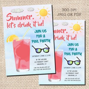 Summer Party Invitation, Summer Birthday Invitation, Pool Party Invitation, Pool Party Birthday Invitation, Digital Printable Invitation