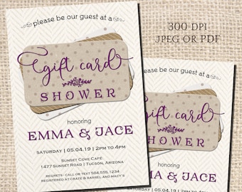 May include: A printable invitation for a gift card shower for Emma and Jace. The invitation is decorated with a brown and white polka dot pattern and features a purple gift card graphic. The invitation includes the date, time, location, and contact information for the event.