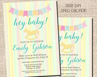 Baby Shower Invitations, Pastel Baby Shower Invitations, Rocking Horse Baby Shower Invitations, Hey Baby Shower Invitations, Digital File