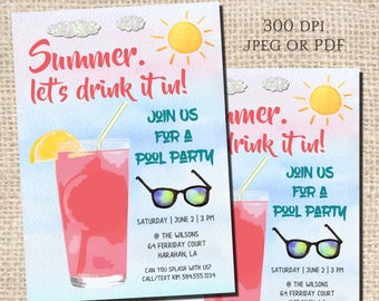 Summer Party Invitation, Summer Birthday Invitation, Pool Party Invitation, Pool Party Birthday Invitation, Digital Printable Invitation
