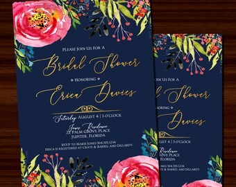Bridal Shower Invitation, Floral Bridal Shower Invitation, Navy and Pink Bridal Shower Invitation, Digital Printable Invitation
