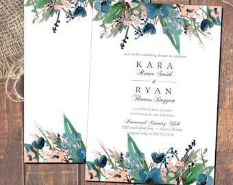 Wedding Shower Invitations, Bridal Shower Invitations, Couples Shower Invitations, Watercolor Floral Invitations, Digital Print Yourself