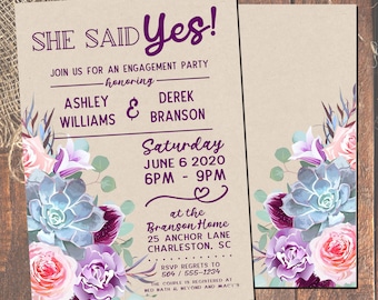 Engagement Party Invitations, Bridal Shower Invitations, Invitations with Succulents, She Said Yes Invitations, Wedding Shower Invitations