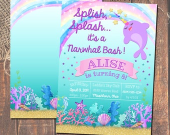 May include: A blue and purple narwhal with a rainbow horn is featured on a birthday invitation for a girl named Alise turning 8. The invitation has a watercolor background with a rainbow and stars. The text reads "Splish, Splash... it's a Narwhal Bash! Alise is turning 8!" The invitation includes the date, time, location, and RSVP information.
