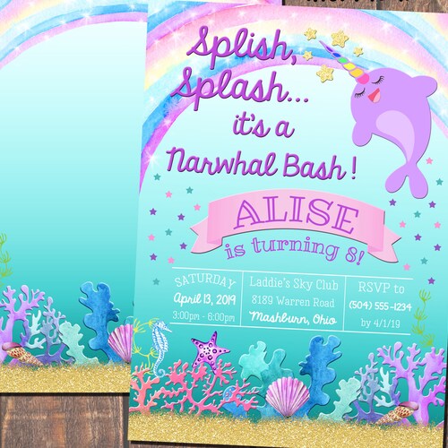 Printable Narwhal Invitation Template Girls Birthday Party - Etsy