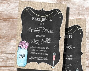 May include: A rustic burlap and chalkboard bridal shower invitation with a mason jar and pink flowers, a champagne flute, and the text "Please join us for a bridal shower honoring Amy Smith".