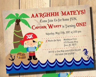 May include: A pirate-themed birthday party invitation with a cartoon pirate holding a parrot. The invitation is for Captain Wyatt's first birthday party. The text on the invitation reads "AARGHHH MATEYS! Come Join Us for Some FUN, CAPTAIN WYATT is Turning ONE! Saturday, May 27th, 2017 at 2:00 pm Marks the Spot Middleton Cove 672 Chomla Hwy. Pace, FL 32572 RSVP. to First Mate Janet at 504-555-1234 OR WALK THE PLANK!"