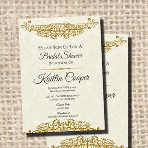 1920s Fancy Elegant Vintage Damask Gold Ivory Bridal Shower Invitation, Wedding Invitation, Party Invitation, Digital Printable