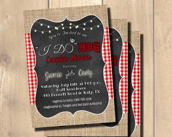 I Do BBQ Couples Shower Invitation, Bridal Shower Invitation, Red White Check, Burlap, String Lights, Chalkboard Frame Printable Invitation