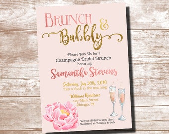 May include: Pink and gold bridal shower invitation with a floral design and champagne glasses. The invitation reads "Brunch & Bubbly" and includes the text "Please Join Us for a Champagne Bridal Brunch honouring Samantha Stevens".