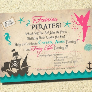May include: A vintage-style invitation for a birthday party with a pirate and fairy theme. The invitation features a pirate ship, a fairy with a wand, and the text "Fairies and Pirates!"  "Which Will Ye Be? Join Us For a Birthday Bash Under the Sea!"  "Help us Celebrate Captain Adam Turning 1 and Fairy Ceila Turning 2!"  "X Marks the Spot: Our House 25 Fairmont Drive Webster, NJ Saturday, August 27th, 2016 2:00 pm RSVP: Call or Text (500) 555-1234 or WALK THE PLANK!"