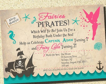 Fairies & Pirates, Fairies and Pirates Invitations, Fairies and Pirates Birthday Invitations, Twins Birthday, Joint Birthday, Digital