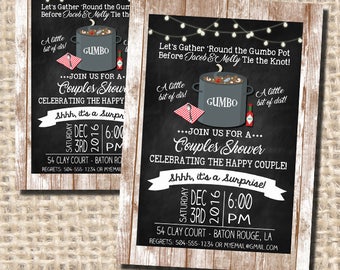 May include: A chalkboard-style invitation with a rustic wooden background. The invitation is for a couples' shower celebrating Jacob and Molly. The invitation reads "Let's Gather 'Round the Gumbo Pot Before Jacob & Molly Tie the Knot!" and includes a drawing of a pot of gumbo. The invitation is for Saturday, 3rd December 2016 at 6:00 PM at 54 Clay Court, Baton Rouge, LA. The invitation also says "Shhh, it's a surprise!"