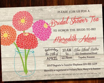 May include: A rustic woodgrain background with a floral design featuring three pink, orange, and red flowers in a blue mason jar. The text reads "Please join us for a Bridal Shower Tea to honor the bride-to-be! Meredith Adams Saturday the 29th of APRIL 10 AM to 12 Noon Blue Wheat Bistro 221 Greenwood Road Topeka, Kansas RSVP Regrets to Jennifer Stephens 504-555-1234 Meredith is registered at Pottery Barn, Macy's & Amazon"