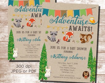 Könnte beinhalten: Eine Babyparty-Einladung im Wald-Thema mit braunem Hintergrund und bunter Girlande. Die Einladung zeigt einen Waschbären, einen Fuchs, ein Eichhörnchen, eine Eule und einen Igel. Der Text lautet "Abenteuer wartet!" und enthält Details zur Veranstaltung, wie Datum, Uhrzeit, Ort und RSVP-Informationen.