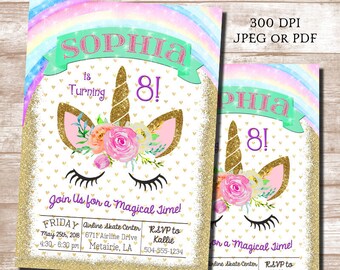 May include: Two birthday invitations featuring a unicorn design. The invitations have a gold glitter border and a watercolor rainbow background. The text reads "Sophia is turning 8!" and includes event details.