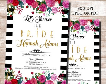 Bridal Shower Invitation, Floral Bridal Shower Invitation, Black and White Stripes Bridal Shower Invitation, Digital Printable Invitation