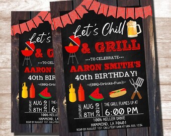 Chill & Grill Invitations, Chill and Grill Birthday Invitations, BBQ Party Invitations, 40th Birthday Invitations, Digital Printable