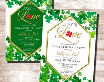 May include: Two green and gold engagement party invitations with a shamrock design and the text "Lucky in Love" in gold script. The invitations are for Nikki and Rick and are for a party on March 10, 2018 at 3pm.