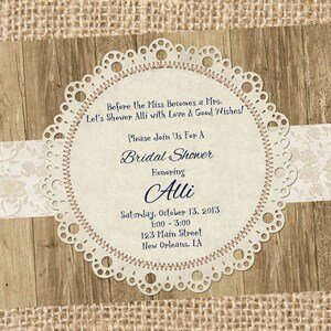 Shabby Chic Wood & Doily Bridal Wedding Party Shower Printable Invitation