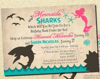 May include: A birthday party invitation for a mermaid and shark themed party. The invitation features a pink mermaid and a black shark with the text "Mermaids and Sharks" and "Help us Celebrate Mermaid Alexandra Turning 10 and Shark Nicholas Turning 2!"