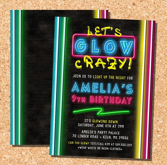 Glow Crazy Invitations, Glow Party Invitations, Neon Glow Party