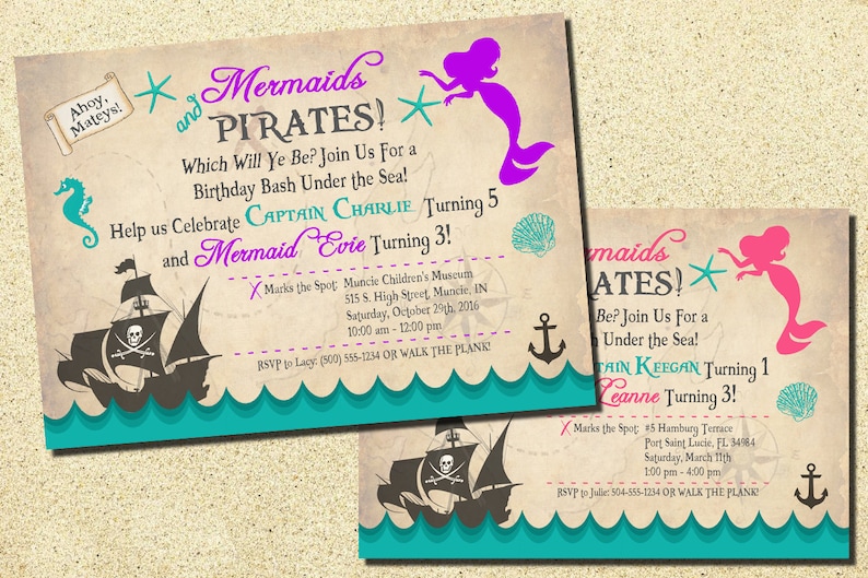 Mermaid Pirate Invitations Mermaid And Pirate Birthday Etsy