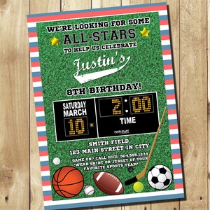 Sports Invitation, Sports Birthday Invitation, All-Star Invitation, All-Star Sports Invitation, All-Star Sports Birthday Invitation, Digital