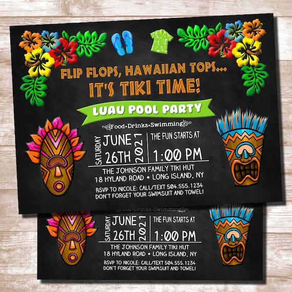 Luau Invitations, Luau Party Invitations, Luau Pool Party Invitations, Hawaiian Invitations, Luau Birthday Invitations, Tiki Invitations