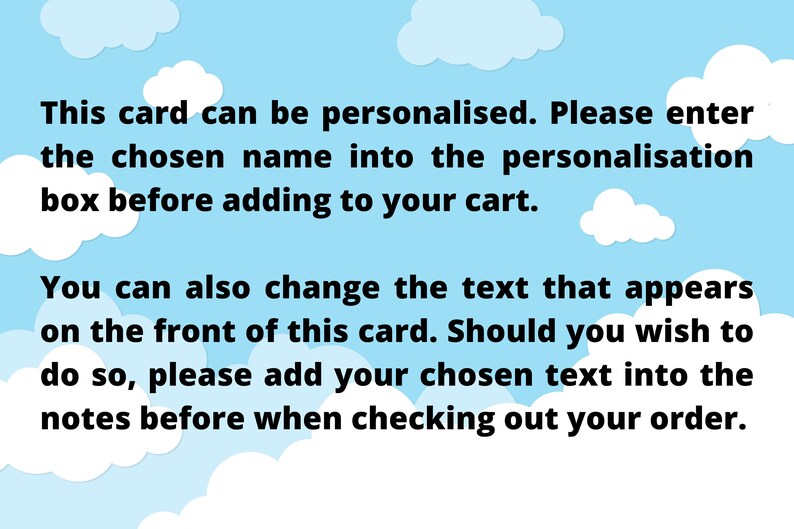 Peut inclure: Un fond bleu et blanc illustr&eacute; avec du texte qui dit : "Cette carte peut &ecirc;tre personnalis&eacute;e. Veuillez entrer le nom choisi dans la case de personnalisation avant de l'ajouter &agrave; votre panier. Vous pouvez &eacute;galement modifier le texte qui appara&icirc;t sur le devant de cette carte. Si vous souhaitez le faire, veuillez ajouter le texte choisi dans les notes avant de valider votre commande."