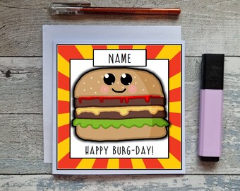 Tarjeta de cumpleaños personalizada con hamburguesa, divertido juego de palabras con comida