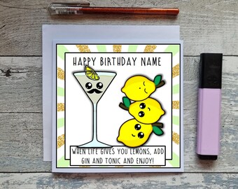 Personalized Gin and Tonic Birthday Card, Funny Pun Greeting