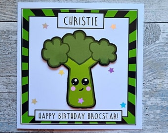 Tarjeta de cumpleaños de brócoli kawaii, juego de palabras con comida, saludo personalizado