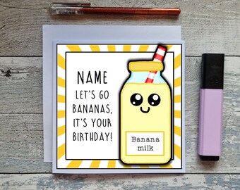 Carte d'anniversaire personnalisée au lait de banane, jeu de mots Kawaii