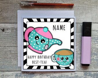 Bestie Tea Birthday Card, Funny Kawaii Teapot, Personalized Handmade Greeting