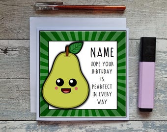 Personalized Pear Birthday Card, Funny Kawaii Greetings