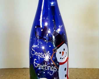 Seasons Greetings Snowman painted bottle