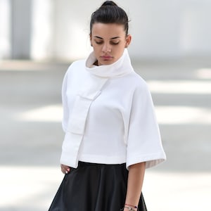 White Top, Plus Size White Top, Women White Polo, Futuristic Clothing, Turtleneck Top, Boho Maxi Top, Elegant Polo, Loose Top, Modern Party
