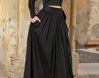 Saia longa preta de cintura alta e fluida com bolsos, saia maxi vitoriana para mulheres, saia estilo gótico renascentista, tamanhos do PP ao 2GG