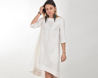 White Summer Linen Dress, Minimalist Midi Dress, Casual Elegant Tunic Dress, Plus Size Dress, Asymmetrical Dress, Women Dress with Pockets